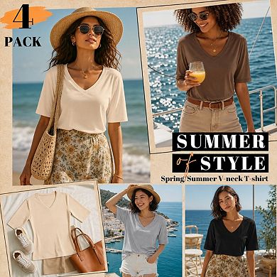 4-Pack Womens Half Sleeve V Neck Loose Fit Casual Summer Tops