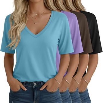4-Pack Womens Half Sleeve V Neck Loose Fit Casual Summer Tops