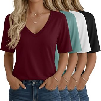 4-Pack Womens Half Sleeve V Neck Loose Fit Casual Summer Tops