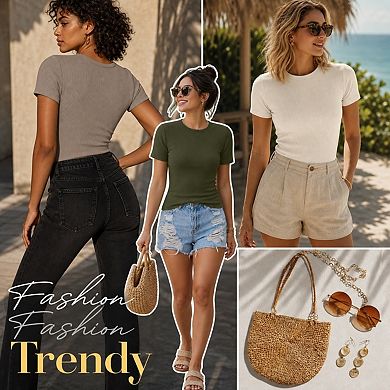 3-Pack Womens Ribbed Crewneck Short Sleeve Fitted Casual Tops