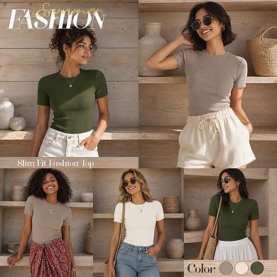 3-Pack Womens Ribbed Crewneck Short Sleeve Fitted Casual Tops