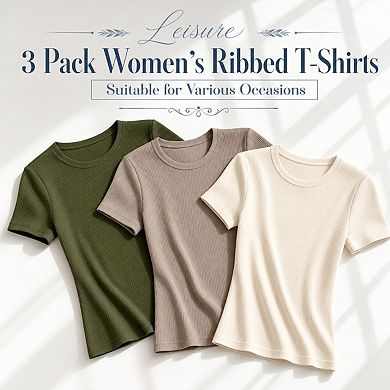 3-Pack Womens Ribbed Crewneck Short Sleeve Fitted Casual Tops
