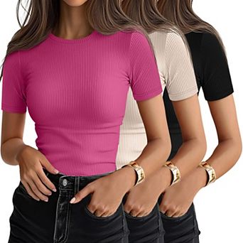 3-Pack Womens Ribbed Crewneck Short Sleeve Fitted Casual Tops