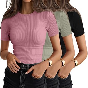 3-Pack Womens Ribbed Crewneck Short Sleeve Fitted Casual Tops