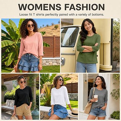 3-Pack Womens 3/4 Sleeve Crewneck Casual Loose Fit Tops For Work Vacation