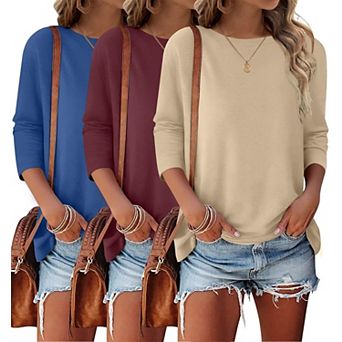 3-Pack Womens 3/4 Sleeve Crewneck Casual Loose Fit Tops For Work Vacation