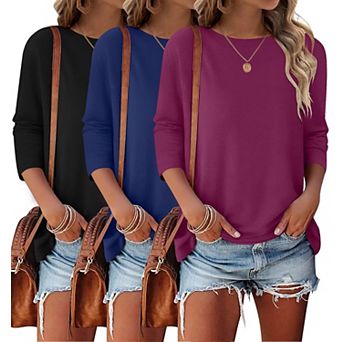 3-Pack Womens 3/4 Sleeve Crewneck Casual Loose Fit Tops For Work Vacation
