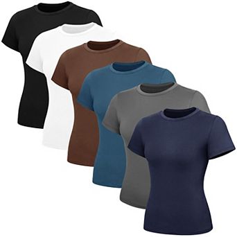 6-Pack Womens Short Sleeve Slim Fit Crop Tops Casual Workout Tees