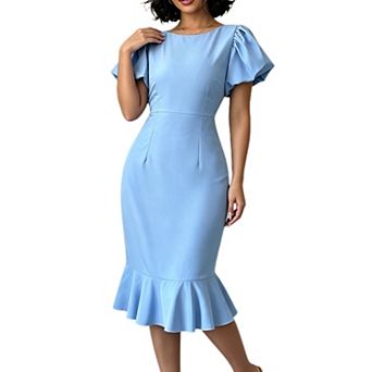 Women Summer Ruffle Bodycon Midi Dress Elegant Short Sleeve Formal Wedding Cocktail Dresses
