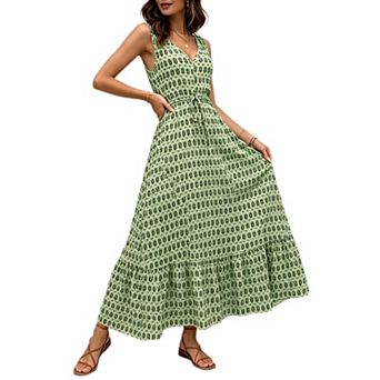 Women's Summer Maxi Dress Floral Tie Front Sleeveless Casual Boho Beach Flowy Long Dress