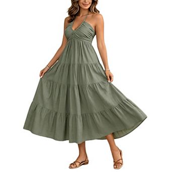 Women's Summer Halter Backless Maxi Dress Casual Sleeveless Smocked A Line Ruffle Flowy Boho Dresses