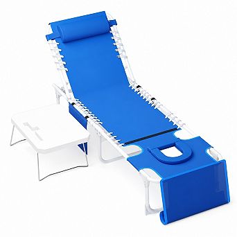 3-in-1 Adjustable Outdoor Lounge Bench with Face Hole, 5 Reclining Positions, Folding Side Table