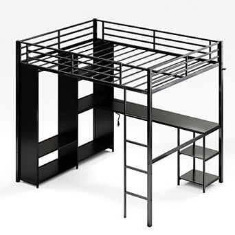 Metal Loft Bed with Desk, Wardrobe & Storage Shelves, Loft Bed Frame with Ladder and Guardrails
