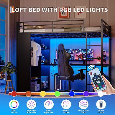 Metal Loft Bed with Desk, Wardrobe & Storage Shelves, Loft Bed Frame with Ladder and Guardrails