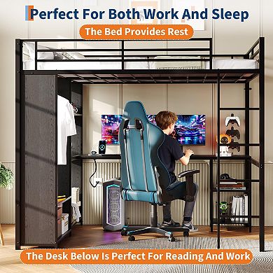 Metal Loft Bed with Desk, Wardrobe & Storage Shelves, Loft Bed Frame with Ladder and Guardrails