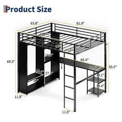 Metal Loft Bed with Desk, Wardrobe & Storage Shelves, Loft Bed Frame with Ladder and Guardrails