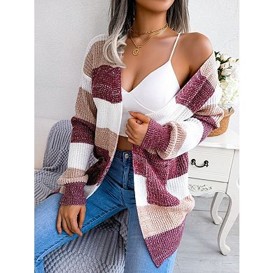 Kojooin Open Front Pocket Striped Knit Cardigan Outerwear Jacket