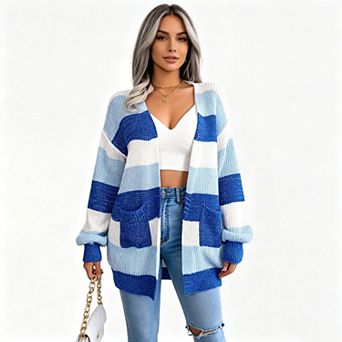 Kojooin Open Front Pocket Striped Knit Cardigan Outerwear Jacket