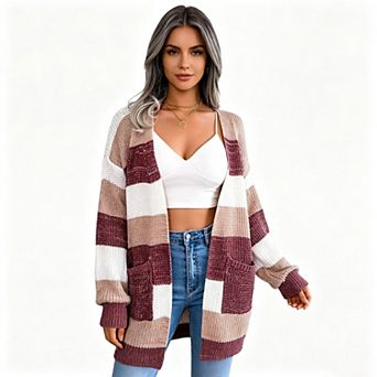 Kojooin Open Front Pocket Striped Knit Cardigan Outerwear Jacket