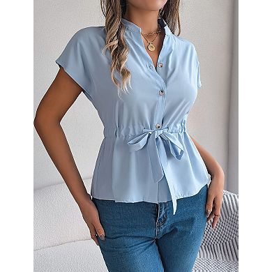 Women's Summer V Neck Peplum Tops Casual Tie Front Cap Sleeve Shirts Tops Button Down Blouse