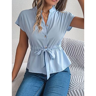 Women's Summer V Neck Peplum Tops Casual Tie Front Cap Sleeve Shirts Tops Button Down Blouse