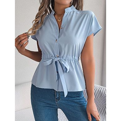 Women's Summer V Neck Peplum Tops Casual Tie Front Cap Sleeve Shirts Tops Button Down Blouse