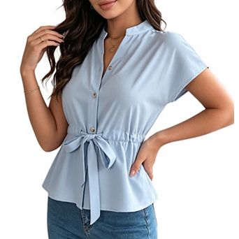 Women's Summer V Neck Peplum Tops Casual Tie Front Cap Sleeve Shirts Tops Button Down Blouse