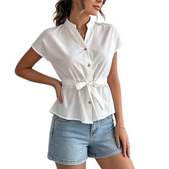 Women's Summer V Neck Peplum Tops Casual Tie Front Cap Sleeve Shirts Tops Button Down Blouse