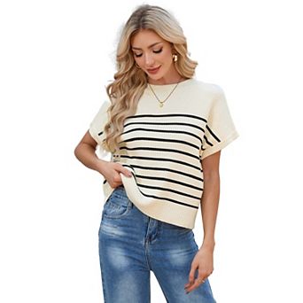 Women’s Striped Mock Neck Short-Sleeve Knit Top for Business Casual Summer Looks