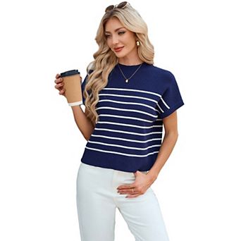 Women’s Striped Mock Neck Short-Sleeve Knit Top for Business Casual Summer Looks