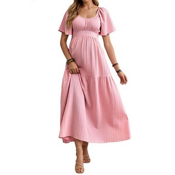 Womens Maternity Square Neck Flutter Sleeve Smocked Tiered Maxi Dress Self Tie Waist Pregnancy Dress