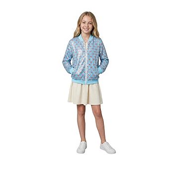 Girls Sequin Jacket, Zip Up Bomber Style with Ribbed Cuffs and Hem, Party Casual Outerwear