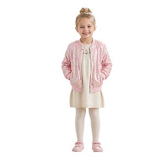 Girls Sequin Jacket, Zip Up Bomber Style with Ribbed Cuffs and Hem, Party Casual Outerwear
