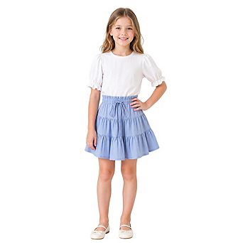 Girls High Waist Tiered Ruffle Skirt, Kids Elastic Waist A-Line Short Skirt with Pockets