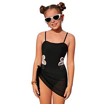 Girls Flower Cutout One Piece Swimsuit with Cover Up Skirt, Kids 2 pc Bathing Suit