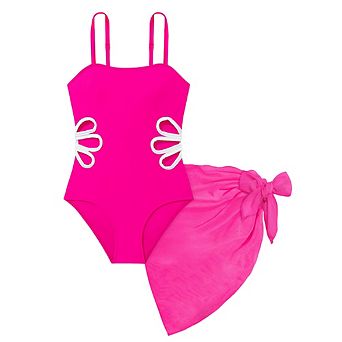 Girls Flower Cutout One Piece Swimsuit with Cover Up Skirt, Kids 2 pc Bathing Suit