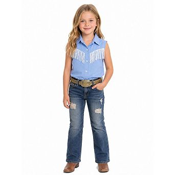 Girls Western Fringe Sleeveless Button Down Shirt, Kids Cowboy Style Collared Tank Top