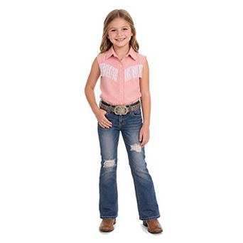 Girls Western Fringe Sleeveless Button Down Shirt, Kids Cowboy Style Collared Tank Top