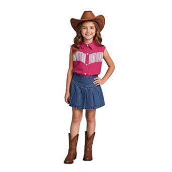 Girls Western Fringe Sleeveless Button Down Shirt, Kids Cowboy Style Collared Tank Top