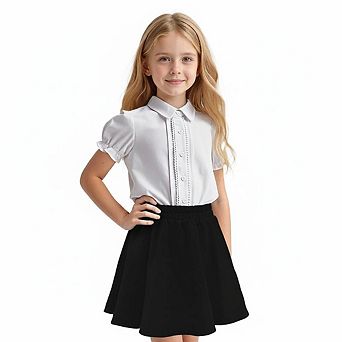 Girls Short Puff Sleeve Button Down Shirt & High Waist A-Line Skirt Set, Kids Casual Uniform Outfit
