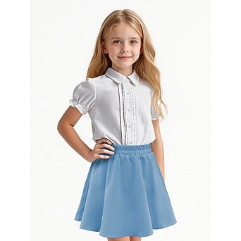 Girls Short Puff Sleeve Button Down Shirt & High Waist A-Line Skirt Set, Kids Casual Uniform Outfit
