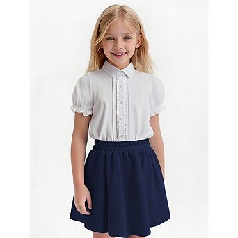 Girls Short Puff Sleeve Button Down Shirt & High Waist A-Line Skirt Set, Kids Casual Uniform Outfit