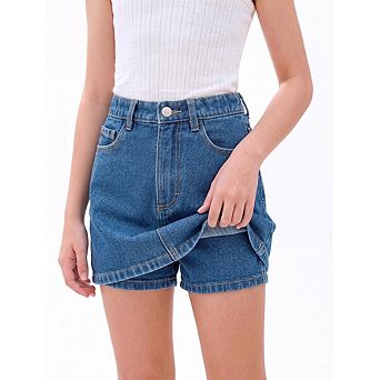 Girls Denim Skort, High Waisted A-Line Skirt Shorts with Pockets, Summer Casual