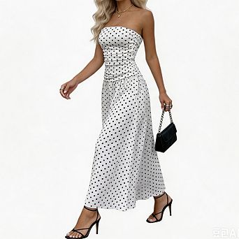 Women's Polka Dot Tube Dress Sleeveless Smocked Long Casual Flowy Maxi Dress