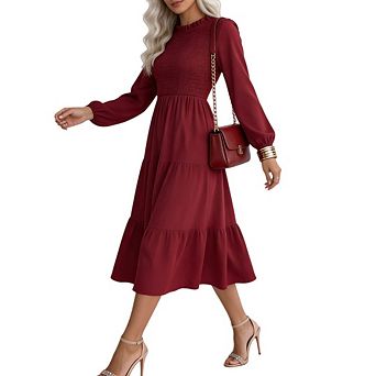 Women's Long Sleeve Spring Maxi Dress Smocked Neck Flowy Casual Wedding Guest Dress