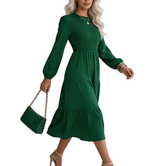 Women's Long Sleeve Spring Maxi Dress Smocked Neck Flowy Casual Wedding Guest Dress