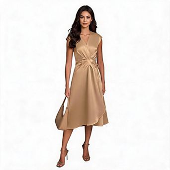 Women's V-Neck Ruched Midi Dress Short Sleeve Casual A-Line Dress