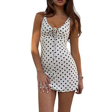 Women's Polka Dot Tie Front Bodycon Mini Dress Date Night Summer Dress