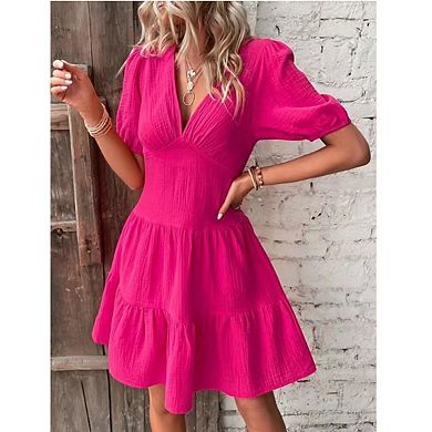Women's Puff Sleeve Deep V Neck Tie Back Mini A Line Swing Dress