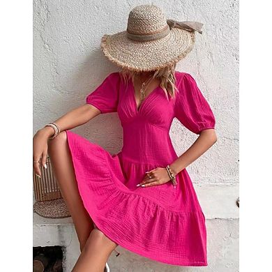 Women's Puff Sleeve Deep V Neck Tie Back Mini A Line Swing Dress